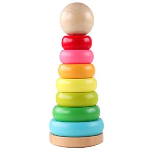 GEMEM Stacking Rings Toy Wooden Rainbow Stacker Toddler Learning Toys for 18 Months 2 Year Old Baby Boys Girls Non-Toxic
