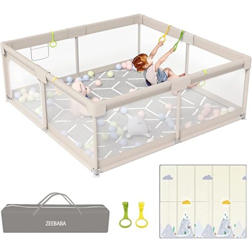 ZEEBABA Baby Playpen with Mat, Playpen for Babies (59x59x27inch), Kids Safety Play Pen for Babies and Toddlers, Extra Large Playpen Playmat, Baby Playpen Fence Gives Mommy a Break, Large Baby Play Yard - 59*59in-With Mat