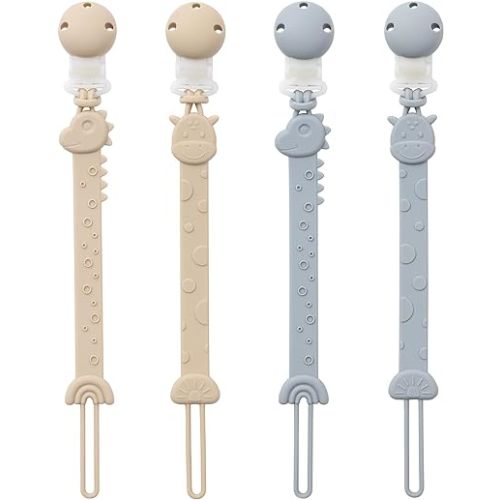 YIVEKO Pacifier Clips for Baby One Piece Silicone Pacifier Holder Clips for Boys Girls Paci Binky Clips 4Pcs Pacifier Clip Animal Design Rainbow-Ivory+Baby Blue