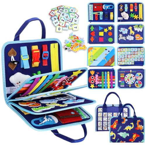 Esjay Toddler Busy Board Montessori Toys for Boys, Sensory Book Educational Activities for Learning Fine Motor Skills, Birthday Gifts for Boys Toddlers, Travel Toys for Airplane Car, Blue Dinosaur