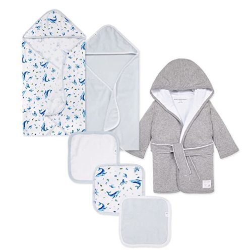 Burt's Bees Baby Bath Bundle- Hooded Towel, Washcloths & Robe Gift Set, 100% Organic Cotton - Whale of a Tale Bundle - 0-9 Month - Solid