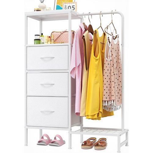 AFLUI 3 Fabric Drawers Dresser with Hanging Rack & Open Shelf, Tall Dresser & Chest of Drawer with Clothes Rack for Bedroom, Closet, Entryway, White