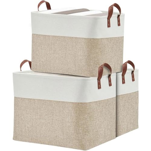 DECOMOMO Fabric Storage Basket Large Closet Storage Bins for Toys Nursery & Laundry Storage (Beige & White, XXL - 3 Pack)