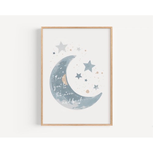 I love you to the moon and back Nursery art print blue nursery moon and stars print Printed Watercolor print on high archival paper WBR6-A1