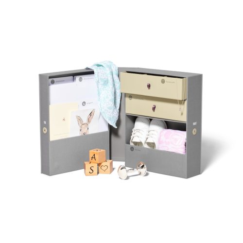 The Vault Baby Keepsake Box | Mother's Day | Newborn + First birthday | Linen memory Box with labels for customizing + files and drawers