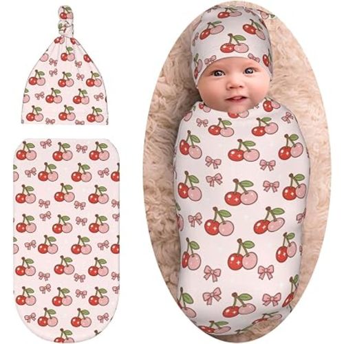 Manta de bebé rosa cereza con gorro de gorro, traje suave para recién nacido, regalo de baby shower para niños y niñas
