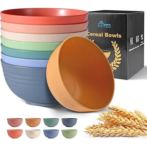 HOTEC Unbreakable Wheat Straw Cereal Bowls - Microwave & Dishwasher Safe Soup and Salad Bowls, Set of 8, 26oz, BPA Free, Multicolor