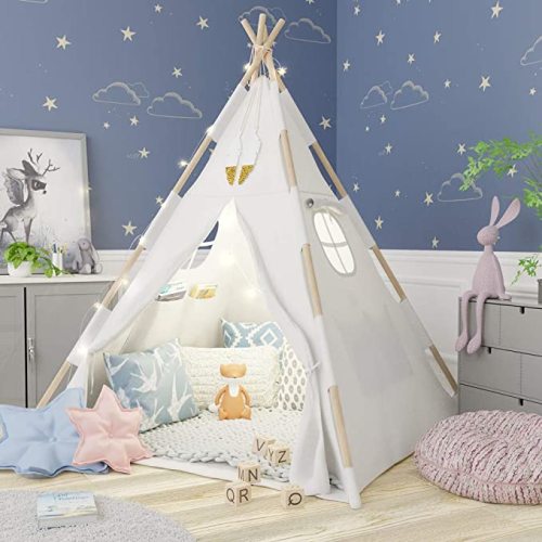 TazzToys Kids Teepee Tent for Kids with Fairy Lights +Waterproof Base + Feathers - Quality & Safety Certified