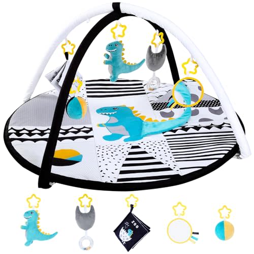 Lovvie & Joy Baby Play Activity Gym Tummy Time Mat for Infant,Baby Gyms & Playmats for Babies 0 to 3 6 9 12 36 Months with 5 Toys for Early Sensory Exploration and Motor Skill Development Dinosaur