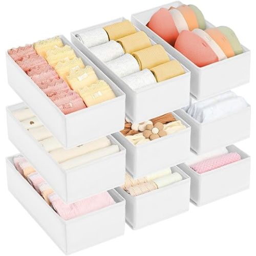 DIMJ Drawer Organizer Clothes - Underwear Organizer Small Sock Organizer Box Dresser Organizer,Drawer Dividers for Baby Clothes,Bra,Socks, Belt, Tie, Set of 9,White
