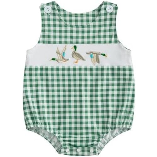 Newborn Baby Boy Summer Clothes Mallard Duck Embroidery Bubble Romper Plaid Sleeveless Bodysuit Hunting Outfit