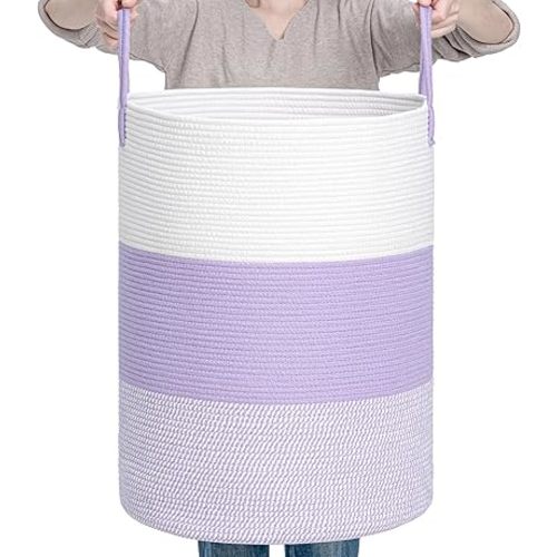 CLHMILY&Z 80L Laundry Basket Round Storage Rope Basket - 16.5x22.5 Inches - Lavender Hamper in Bedreoom and Cute Storage Bin for Blankets, Toys, and Nursery Essentials