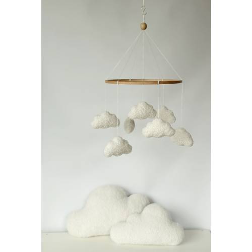 Boucle Baby Mobile Clouds baby mobile Neutral nursery decor Baby mobile with clouds Boucle clouds Handmade mobile from boucle Newborn gift