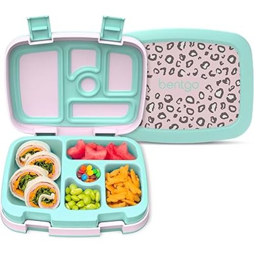 Bentgo Kids Prints Leak-Proof, 5-Compartment Bento-Style Kids Lunch Box - Ideal Portion Sizes for Ages 3-7, Durable, Drop-Proof, Dishwasher Safe, & PFAS & BPA-Free Materials (Leopard)