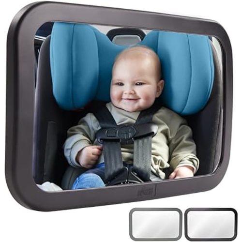 GORILLA GRIP Wide View Baby Car Mirror, 360° Rear Facing Seat Rotation Shatterproof Mirrors, Crystal Clear, Child and Infant Backseat Safety, Secure Straps Stay in Place, Travel Gear for Babies, Black