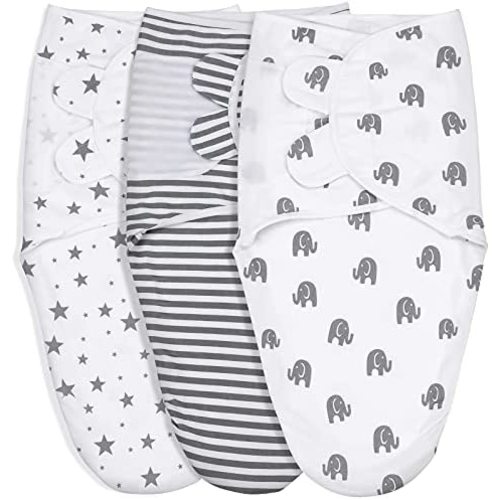 GLLQUEN BABY Swaddle Blankets for Baby Boy Girl, Gray Elephant Star & Stripe, 3 Pack Wrap Set, Newborn Adjustable Swaddles Sleep Sack, 0-3 Months (Small/Medium)