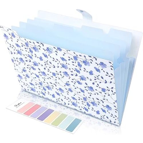 SKYDUE Expanding File Folder with 5 Pockets, Floral Accordion File Organizer for Important Document, Portable Receipt Paper Organizer, School Office Supplies,Blue