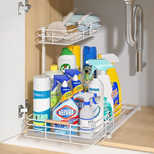 Amazon.com: LAMU Under Sink Organizers and Storage, Pull Out Bathroom Kitchen Cabinet Organizers and Storage, 2-Tier White Under Sink Shelf Organizer Under Counter Storage Organizer : Home & Kitchen