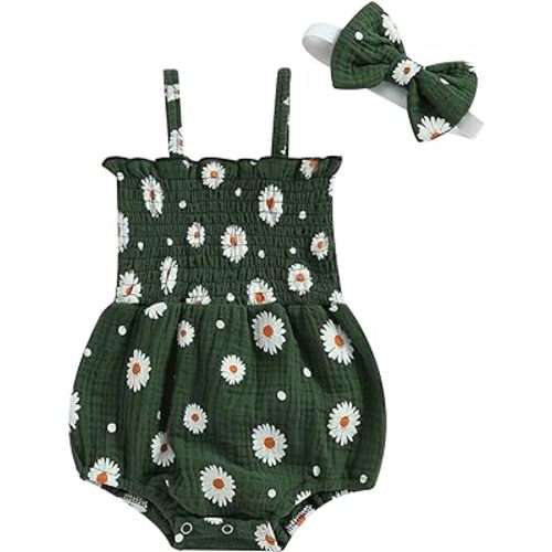 Newborn Baby Girls Summer Clothes Frill Cotton Linen Daisy Sling Romper Bodysuit with Headband