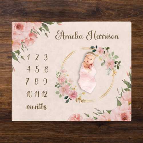 Personalized Girl Baby Milestone Blanket Rose Pink Flower Monthly Floral Month Custom Age Growth New Mom Baby Shower Gift Neutral Boho Minky