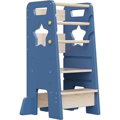 i-POOK Toddler Standing Tower, Montessori Kids Step Stool with 3 Levels Adjustable Height, Wooden Kitchen Stool Helper with Removable Safety Bars, Mist Blue