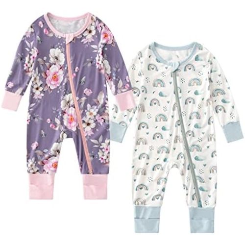 OPAWO Viscose from Bamboo Baby Pajamas Girl 2pack Mittens Cuff 2 Way Zipper Soft Footless Sleeper Baby Boy One-Piece Romper