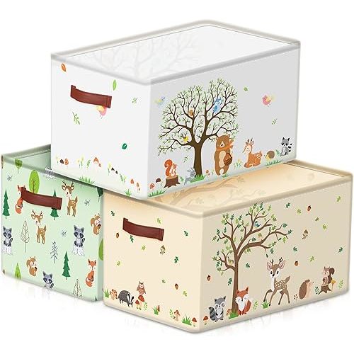 Boao 3 Pack Woodland Animals Storage Baskets for Gifts, Collapsible Large Forest Animals Storage Bins Bear Fox Raccoon Tree Foldable Empty Canvas Laundry Basket with Handle for Nursery Home Bedroom