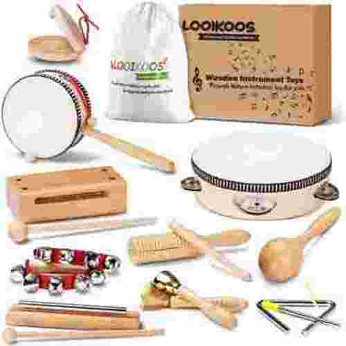 LOOIKOOS Toddler Musical Instruments Natural Wooden Percussion Instruments Toy for Kids Preschool Educational, Musical Toys Set for Boys and Girls with Storage Bag