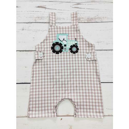 Baby Boy Tractor Appliqué Checkered Romper