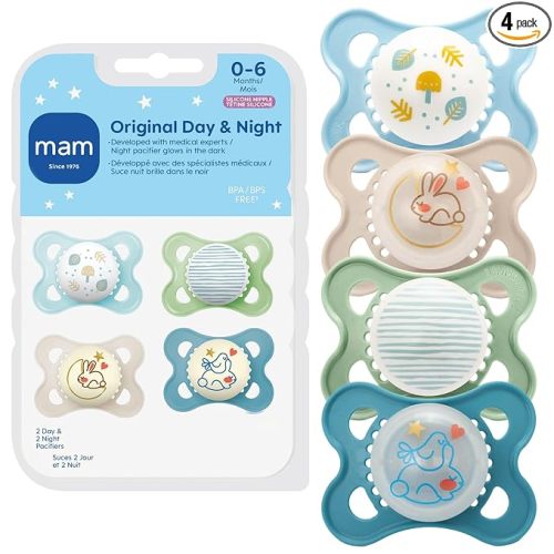 MAM Original Baby Pacifiers 0-6 Months, Binky for Newborn Babies, BPA-Free Skin Soft Silicone Nipple, Glows in The Dark, Developed with Medical Experts, 4 Count, Made in Europe