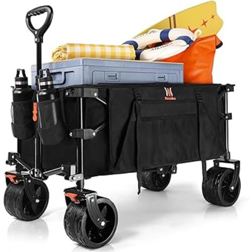 Navatiee Collapsible Folding Wagon, Beach Wagon Cart Heavy Duty Foldable with Big Wheels, Utility Grocery Wagon with Side Pocket and Brakes for Camping Garden Sports, T1