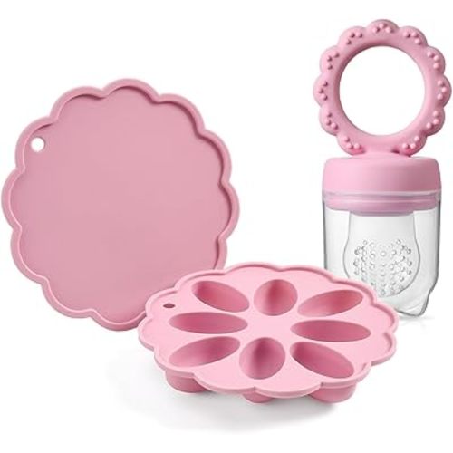 Baby Fruit Food Feeder & Mini Popsicle Ice Tray Set, BPA Free Silicone Baby Feeder for Safe Solid Food Feeding, Breastmilk Popsicle Molds for Cooling Relief, 4 Month+ (Candy Pink)