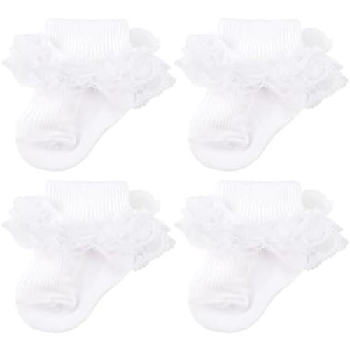 4 Pack Baby Girls Socks Eyelet Ruffle Lace Baby Socks Newborn Infant Toddler Dress Socks Frilly Ruffle Socks for Girls