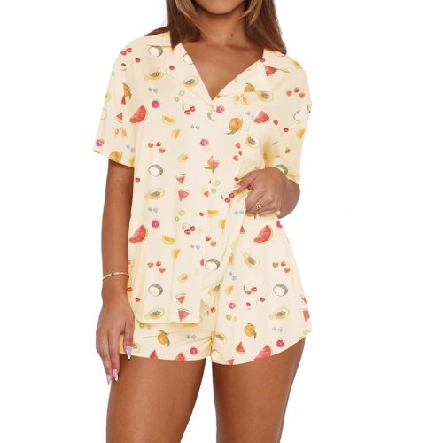 Dressmine Womens Short Sleeve Cute Pajama Sets 2 Piece Spring Outfits V Neck Button Up Pj Set Loungewear