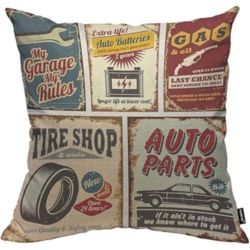 HOSNYE Vintage Car Service Cotton Linen Throw Pillow Case Auto Parts Gas Tire Shop Garage Auto Batteries Pillow Cushion Covers Home Sofa Decorative 18 X 18 Inch