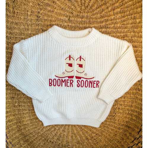 0-3 Months | Oklahoma Boots Embroidered Sweater - Kids Boomer Sooner Cowboy Boot Sweater - University of Oklahoma Sooners