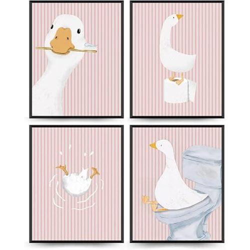 Wheatwin Girls Bathroom Decor Set, Pink Goose Nursery Animal Bathroom Wall Decorations for Kids Toddler Little Girls Toilet Washroom, 8x10 Unframed 4Pcs - Pink