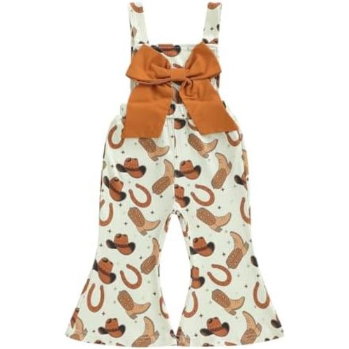 Toddler Western Baby Girl Clothes Cowgirl Overalls Rib Sleeveless Romper Bow Onesie Bell Bottom Jumpsuit Cute Outfit