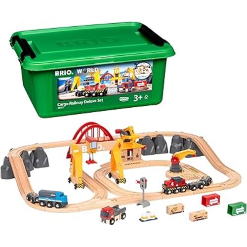 BRIO World Cargo Railway Deluxe - Wooden Track Train Set - Battery-Powered Engine, 3 Cranes, Bridge, Truck - Kids Ages 3+ - Compatible with All Wooden Rail Sets - FSC Certified Wood - 54-Pieces