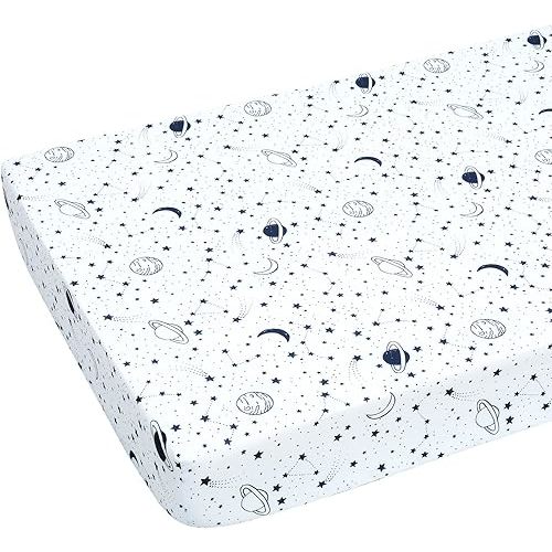 JISEN Baby Crib Sheet 1 Piece Portable Fitted Crib Sheet for Standard Crib and Toddler Mattresses Nursery Bed Decor for Boys Girls 28x52 Inch Stars Planets