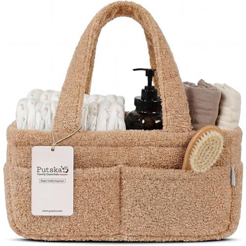 PUTSKA Baby Diaper Caddy Organizer for Changing Table – Stylish Nursery Storage Basket, Newborn Essentials, Baby Shower Gifts and Registry Must-Haves for Boy or Girl, Car Diaper Caddy, Fleece Mocha