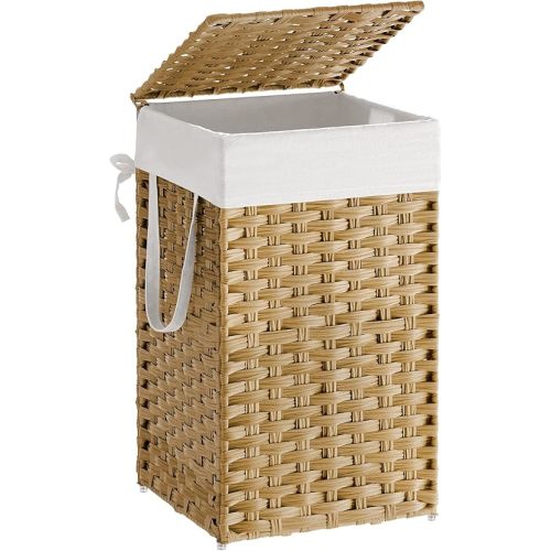 SONGMICS Laundry Hamper with Lid, 17.2 Gallon (65 L) Synthetic Rattan Clothes Laundry Basket with Lid and Handles, Foldable, Removable Liner, Goose Yellow ULCB165N01