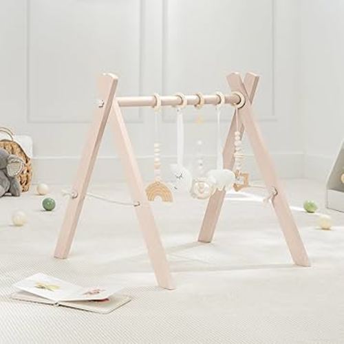 Comfy Cubs Baby Play Gym - Natural Finish Pinewood Baby Activity Center with 5 Sensory Hanging Toys - Easy No-Tool Assembly Baby Gym, Safe for Infant Motor and Visual Development - Blush