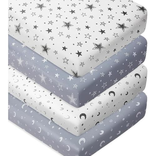 4 Pack Star and Moon Neutral Unisex Fitted Baby Sheets Set for Baby Boys or Girls (Crib Sheets) - Crib sheets