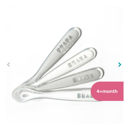 Set of 4 Easy-Grip 1st Stage Silicone Spoons - White/Grey | BEABA | USA