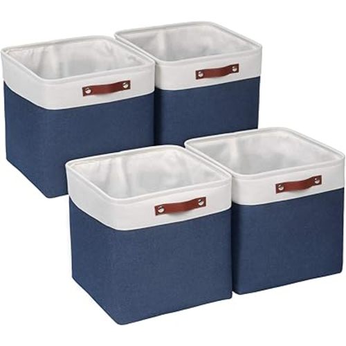 Univivi Fabric Cube Storage Bins 4 pack Storage Cube Baskets with Hard Bottom and PU Handles Storage Cubes Organizer for Shelf Closet Home(Blue, 13" x 13" x 13")
