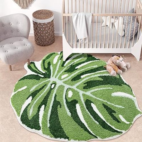 Panstar Green Leaf Kids Rug, Monstera Shaped Rug for Bedroom Bathroom Non Slip Microfiber Tufted Plant Large Bath Mat Boho Home Decor Large Size 43"X36"