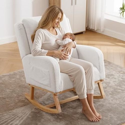 Rocking Chair Nursery, Nursing Rocking Chairs Upholstered, Teddy Glider Rocker with Lumbar Pillow and Side Pockets, Modern Rocker Chair for Bedroom, Living Room, White