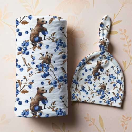 Blueberry Bear Baby Swaddle Set: Jersey Knit Blanket, Beanie, Headband