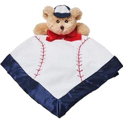 Bearington Baby Lil’ Slugger Snuggler, 15 Inch Baseball Plush Stuffed Animal Teddy Bear Security Blanket Lovey for Babies